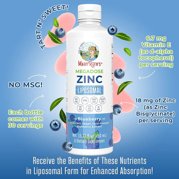 MaryRuth Organics Megadose Zinc Liposomal, Blueberry - 450 ml.