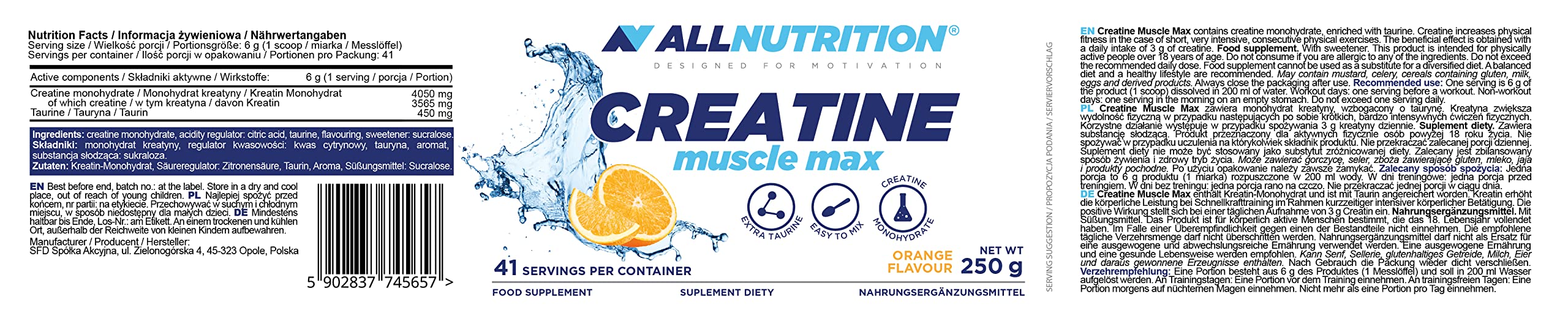 Allnutrition Creatine Muscle Max, Orange - 250g - Creatine at MySupplementShop by Allnutrition