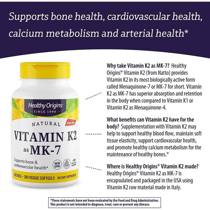 Healthy Origins Vitamin K2 as MK-7 100mcg 180 Veggie Softgels | Premium Supplements at MYSUPPLEMENTSHOP