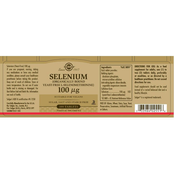 Solgar Selenium (Yeast-Free) 100 µg Tablets Pack of 100 | Premium Supplements at MYSUPPLEMENTSHOP