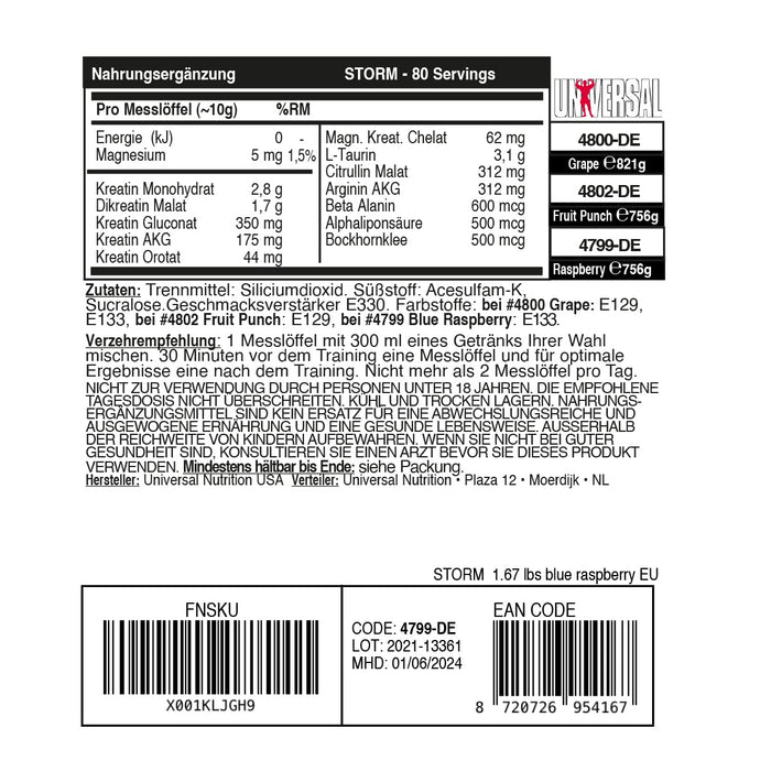 Universal Nutrition Storm, Blue Raspberry - 750 grams | High-Quality Creatine Supplements | MySupplementShop.co.uk