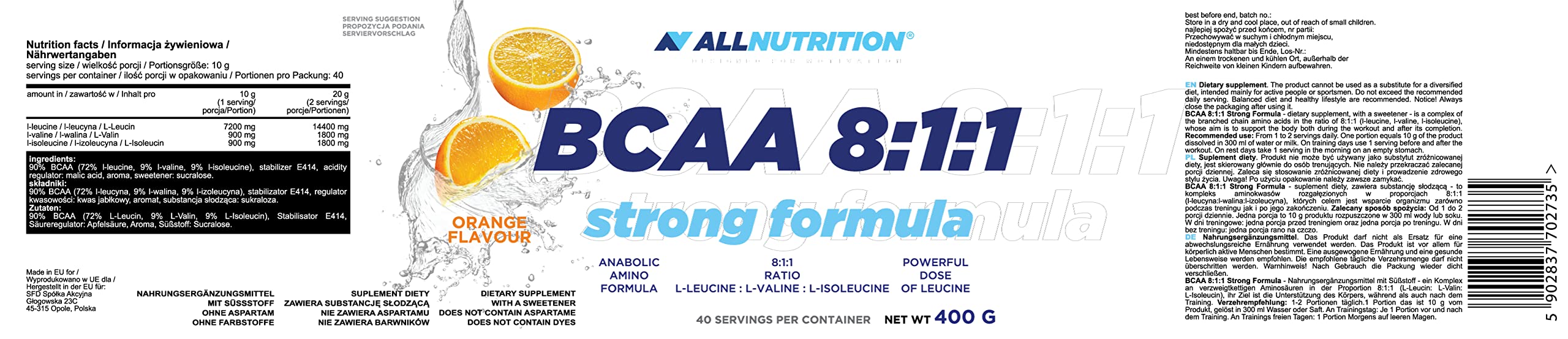 Allnutrition BCAA 8:1:1 Strong Formula, Orange - 400g | High-Quality Supplements | MySupplementShop.co.uk