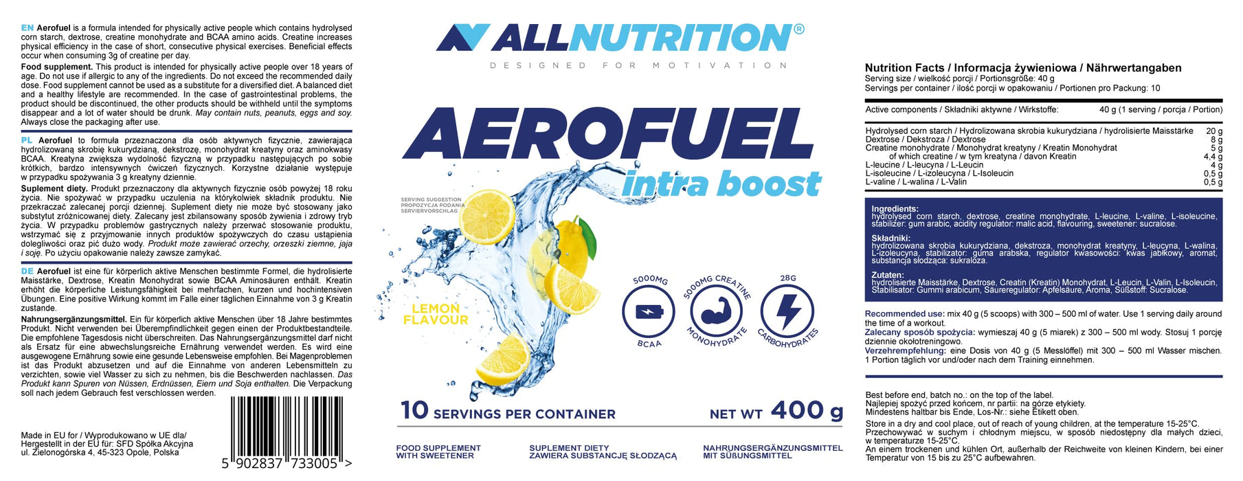 Allnutrition Aerofuel Intra Boost, Lemon - 400 grams | High-Quality Amino Acids and BCAAs | MySupplementShop.co.uk