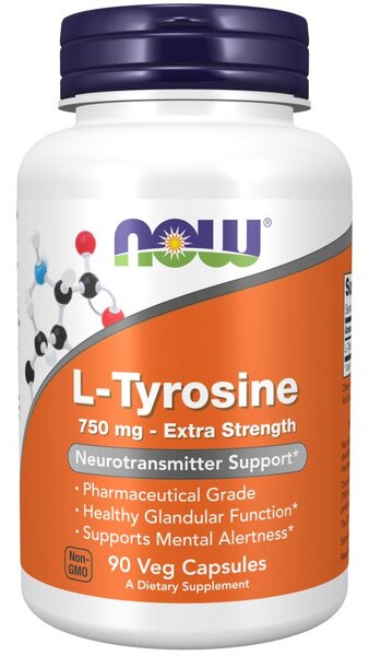 NOW Foods L-Tyrosine, Extra Strength 750mg - 90 vcaps | High-Quality Amino Acids and BCAAs | MySupplementShop.co.uk